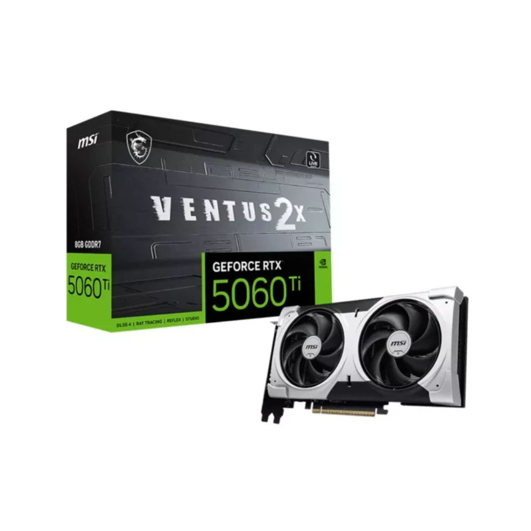 MSI GeForce RTX 5060 Ti graphics card with packaging on a white background